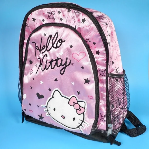 Hello Kitty Sanrio Light Pink Black Backpack Hearts Stars School Embroidered - Picture 3 of 14